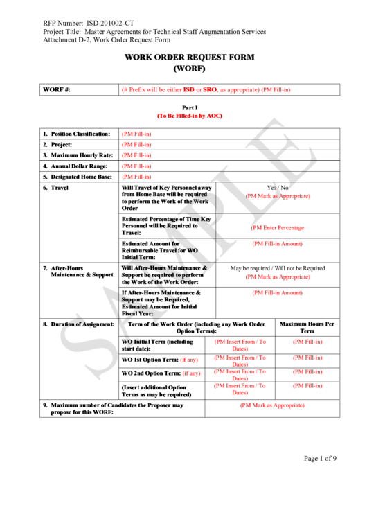 Sample Work Order Request Form Printable pdf