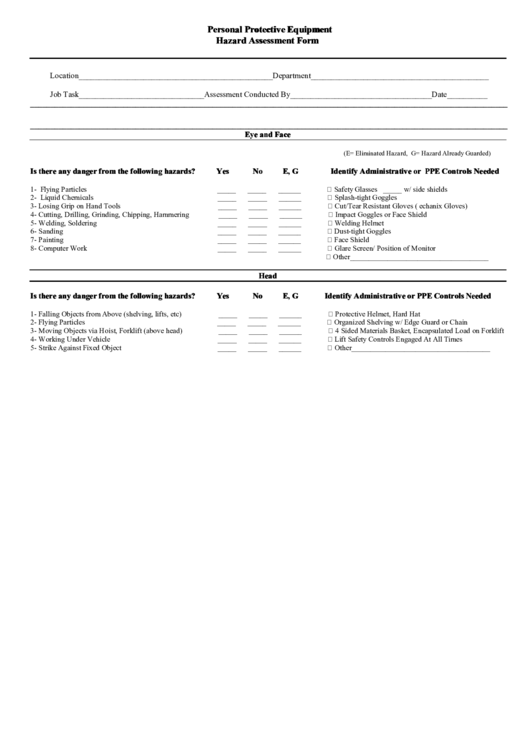 Personal Protective Equipment Hazard Assessment Form Printable pdf