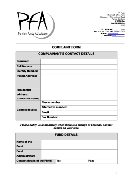 Pfa Complaint Form Printable pdf