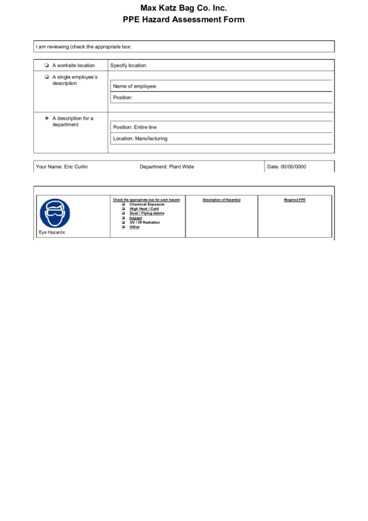 Max Katz Bag Ppe Hazard Assessment Form Printable pdf
