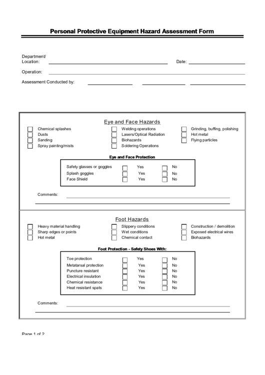 Personal Protective Equipment Hazard Assessment Form Printable pdf