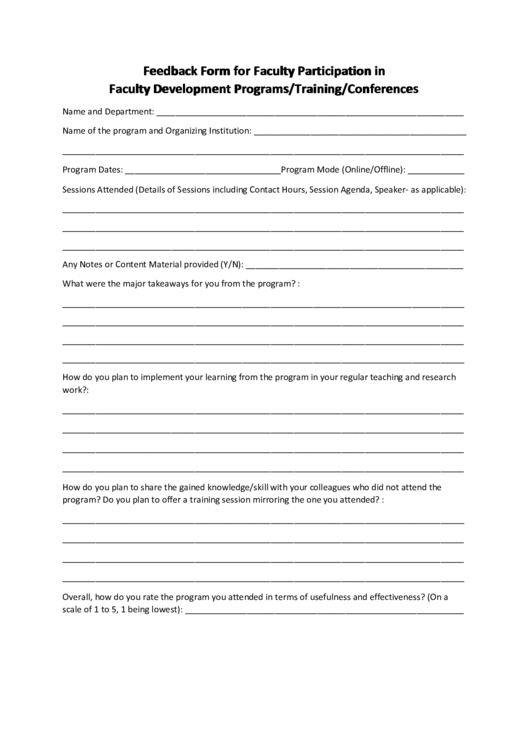 Feedback Form For Faculty Participation In Faculty Development Programs/training/conferences Printable pdf