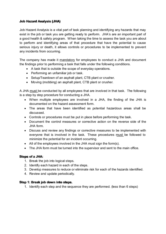 Job Hazard Analysis (Jha) Printable pdf