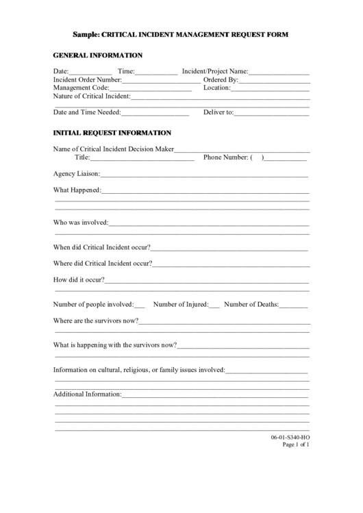 Critical Incident Management Request Form Printable pdf