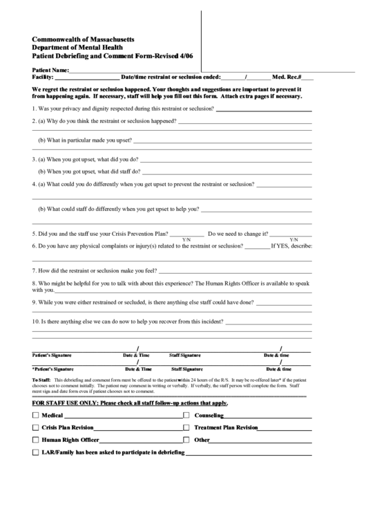 Patient Debriefing And Comment Form - Commonwealth Of Massachusetts Department Of Mental Health Printable pdf