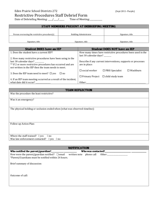 Eden Prairie School Restrictive Procedures Staff Debrief Form Printable pdf
