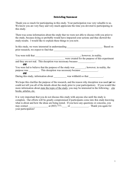 Debriefing Statement Printable pdf