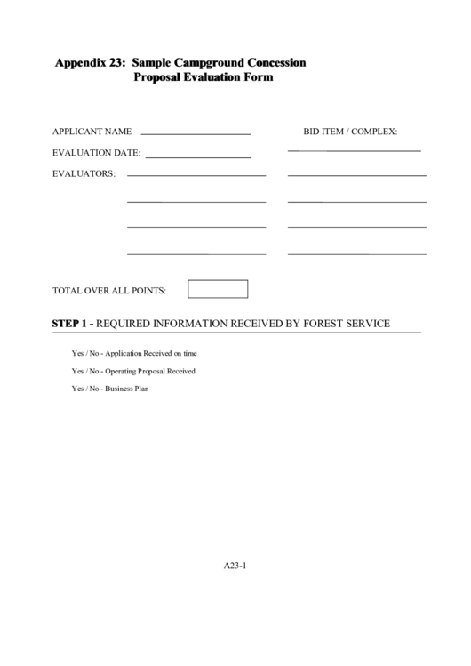 Sample Campground Concession Proposal Evaluation Form Printable pdf