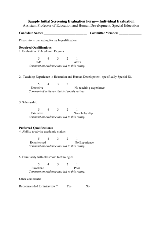 Sample Initial Screening Evaluation Form Printable pdf