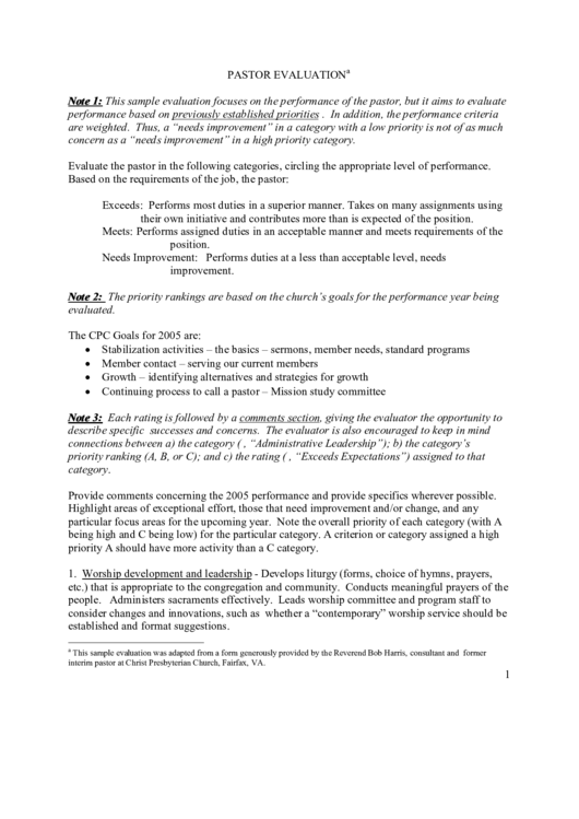Pastor Evaluation Printable pdf