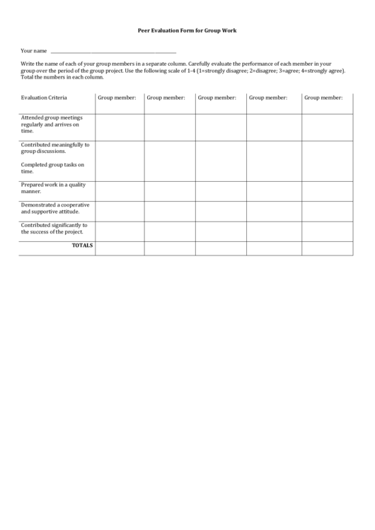 Peer Evaluation Form For Group Work Printable pdf