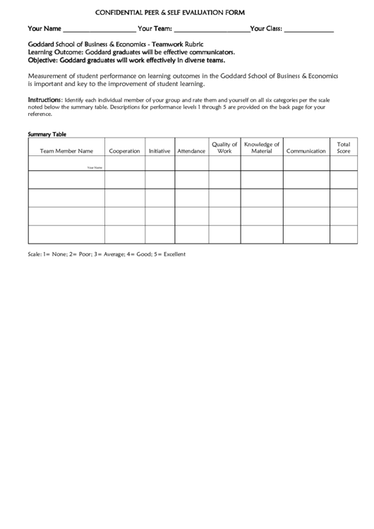 Confidential Peer & Self Evaluation Form Printable pdf