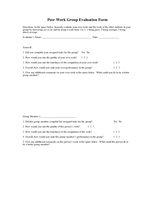 Peer Work Group Evaluation Form Printable pdf