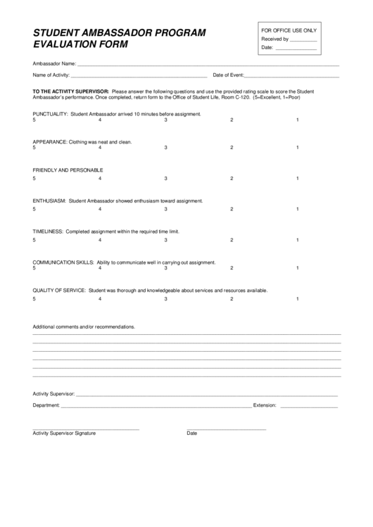 Student Ambassador Program Evaluation Form Printable pdf