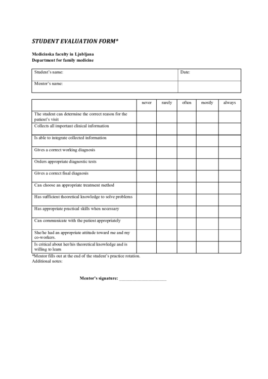 Student Evaluation Form Printable pdf