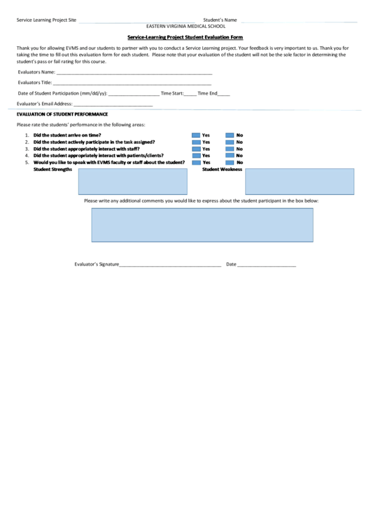 Medical School Service-Learning Project Student Evaluation Form Printable pdf