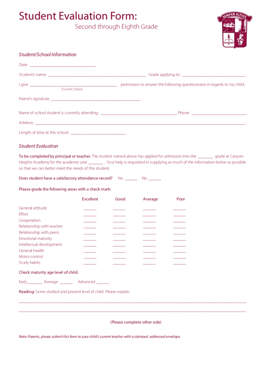 Student Evaluation Form: Second Through Eighth Grade Printable pdf