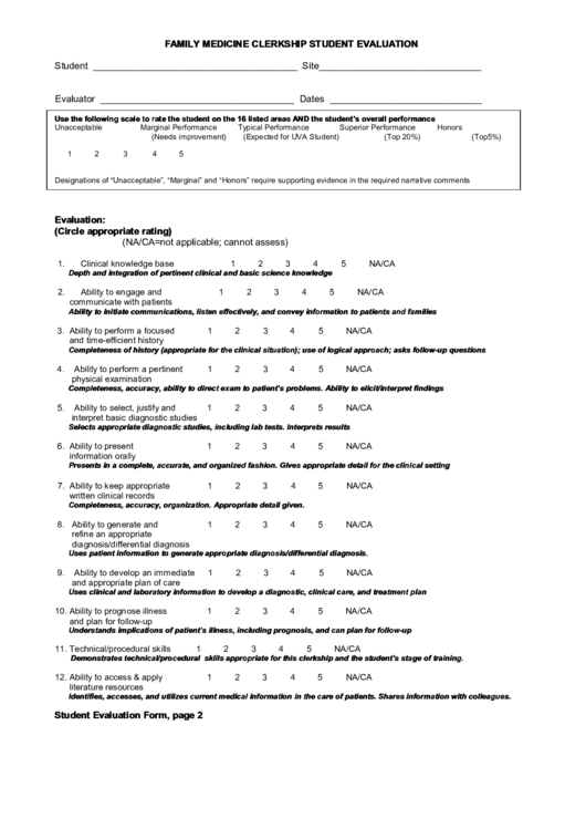 Family Medicine Clerkship Student Evaluation Printable pdf