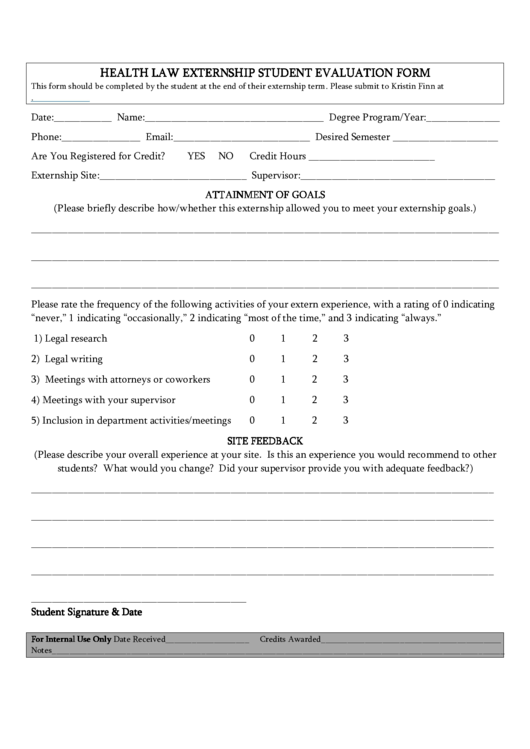 Health Law Externship Student Evaluation Form Printable pdf