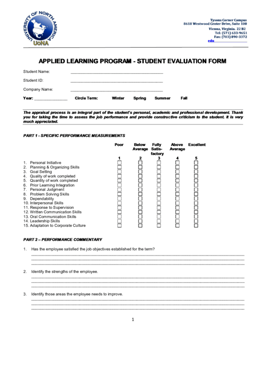 Applied Learning Program - Student Evaluation Form Printable pdf
