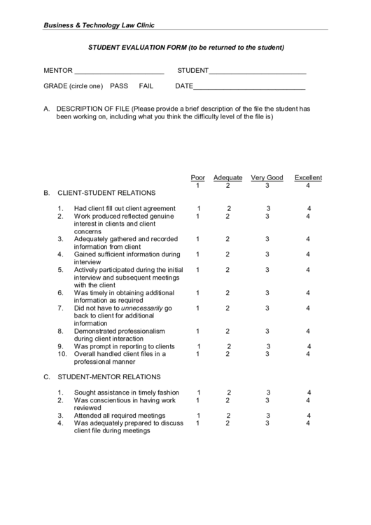 Business & Technology Law Clinic Student Evaluation Form Printable pdf
