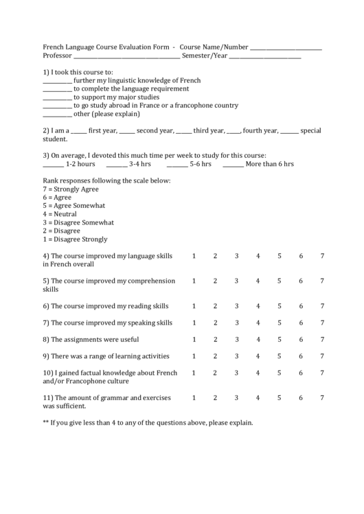 French Language Course Evaluation Form Printable pdf