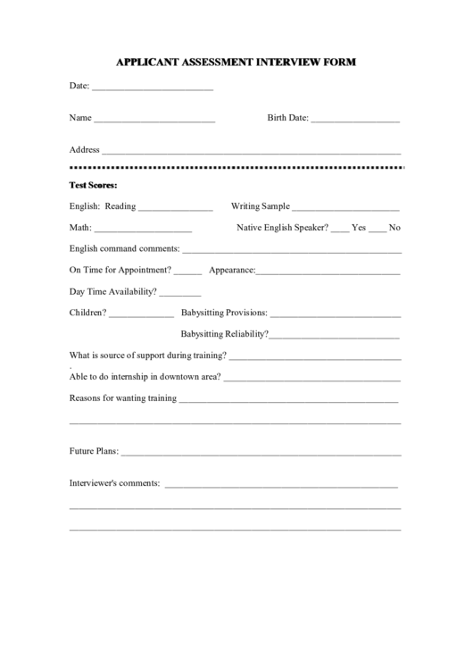Applicant Assessment Interview Form Printable pdf