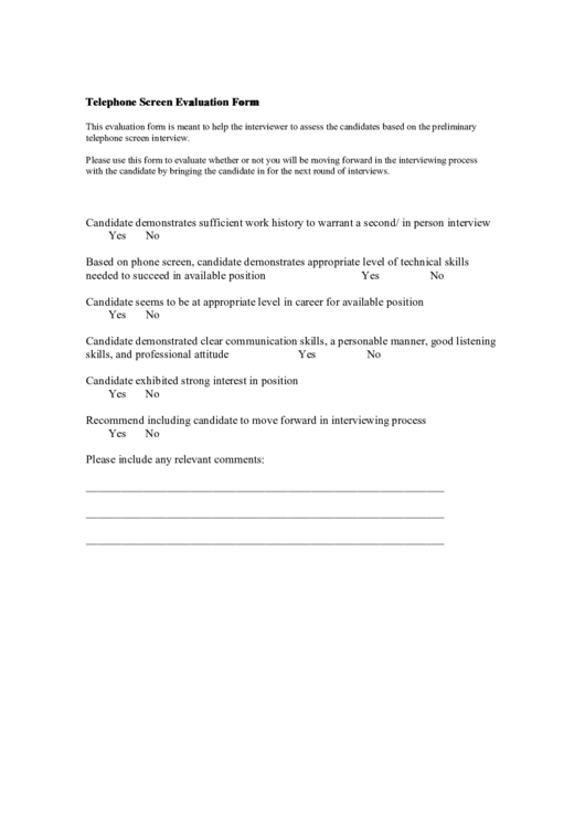 Telephone Screen Evaluation Form Printable pdf
