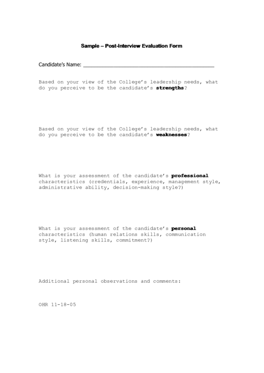 Sample - Post-Interview Evaluation Form Printable pdf