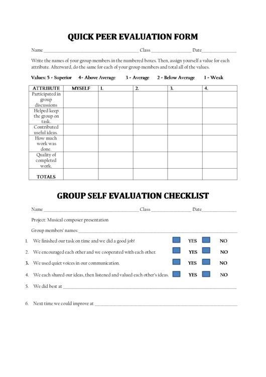 Quick Peer Evaluation Form Printable pdf