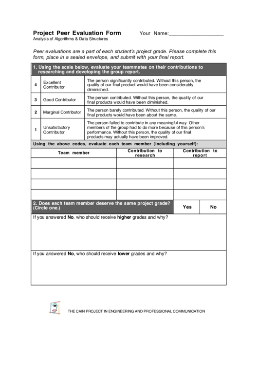 Project Peer Evaluation Form Printable pdf