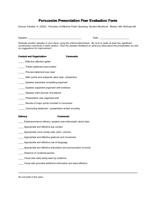 Persuasive Presentation Peer Evaluation Form Printable pdf