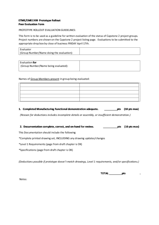 Etme/emec499 Prototype Rollout Peer Evaluation Form Printable pdf