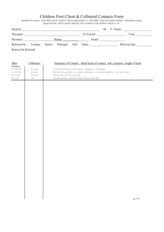 Fillable Children First Client & Collateral Contacts Form Printable pdf