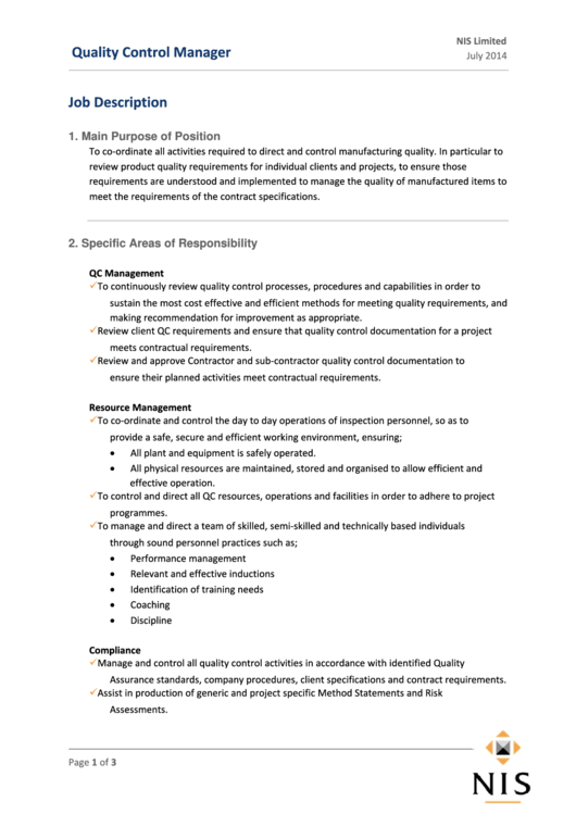 Quality Control Manager Job Description Printable pdf