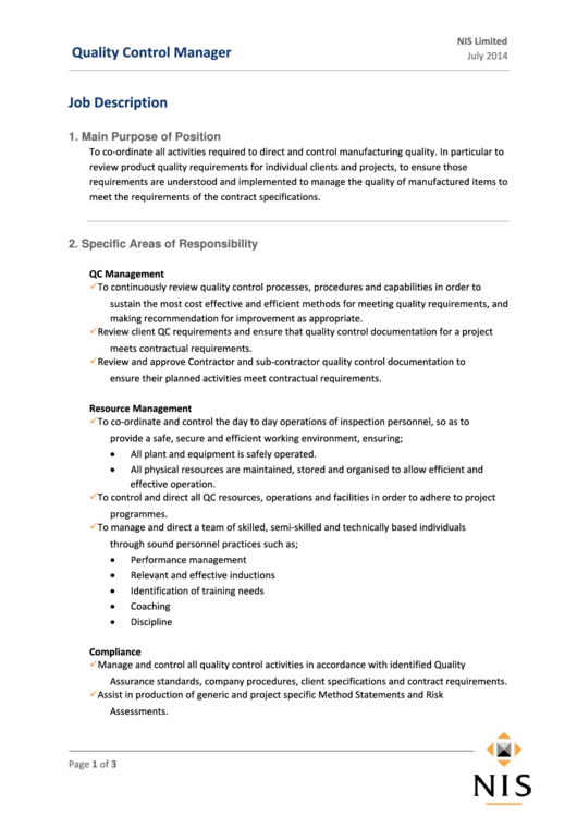 Quality Control Manager Job Description Printable Pdf Download