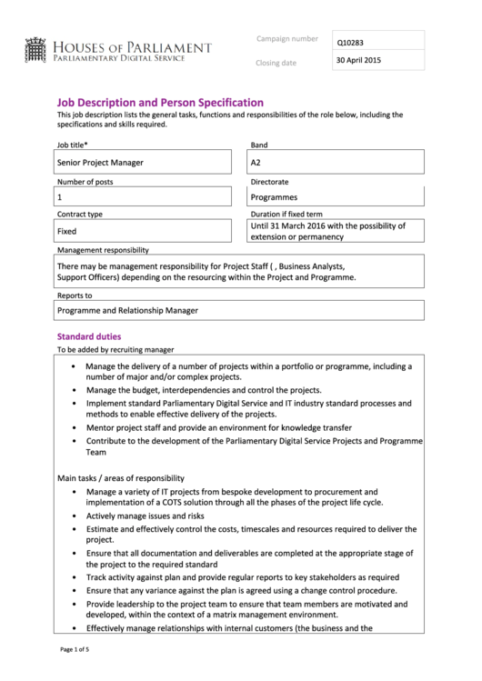 Senior Project Manager Job Description And Person Specification Printable pdf