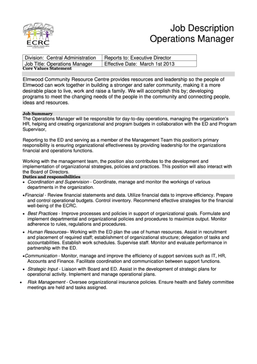 Operations Manager Job Description Printable pdf