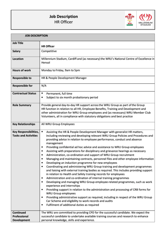 Hr Officer Job Description Printable pdf