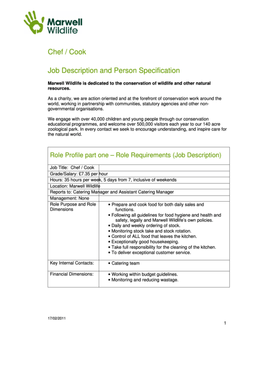 Chef / Cook Job Description And Person Specification Printable pdf