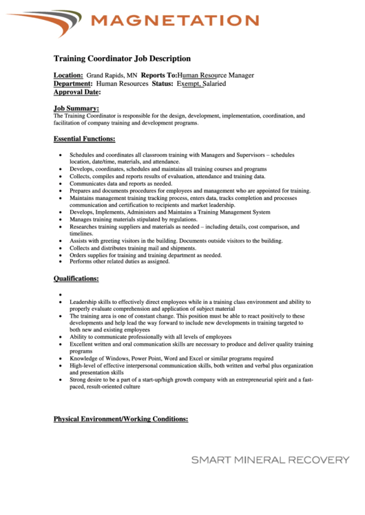 Magnetation Training Coordinator Job Description Printable pdf