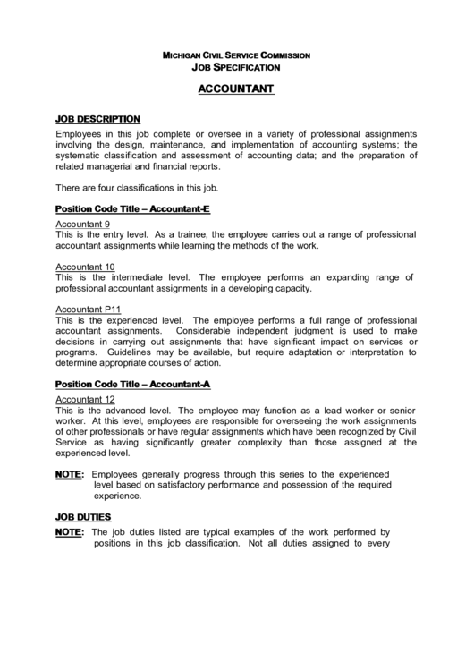 Michigan Civil Service Commission Job Specification Accountant Printable pdf