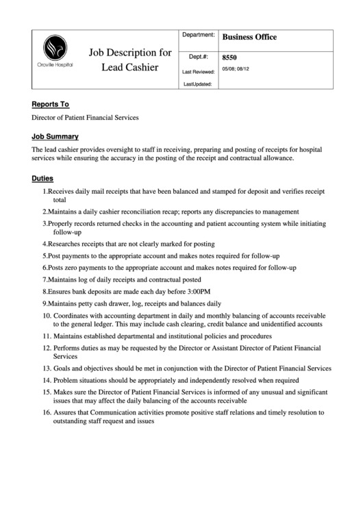 Job Description For Lead Cashier Printable pdf