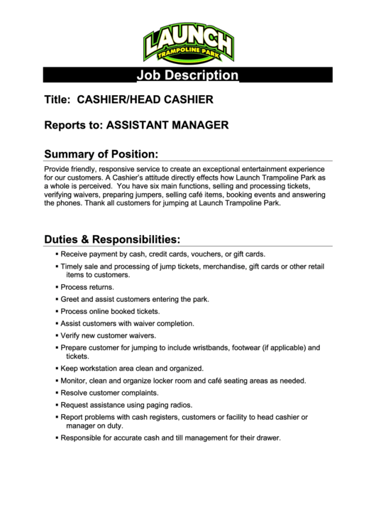 Launch Trampoline Park Job Description printable pdf download