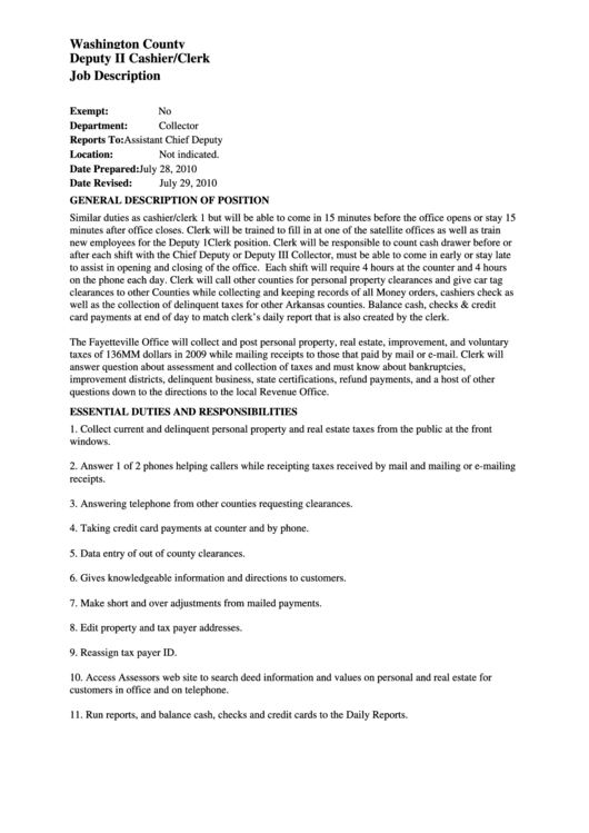 Deputy Ii Cashier/clerk Job Description Printable pdf