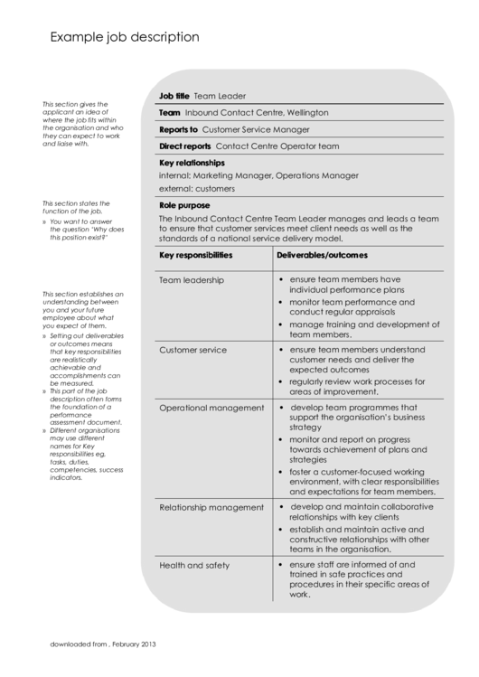 Example Job Description Printable pdf