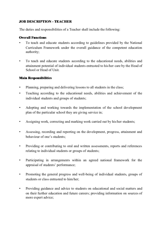Job Description - Teacher Printable pdf