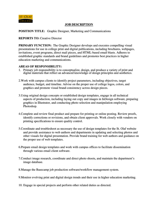 Graphic Designer, Marketing And Communications Job Description Printable pdf