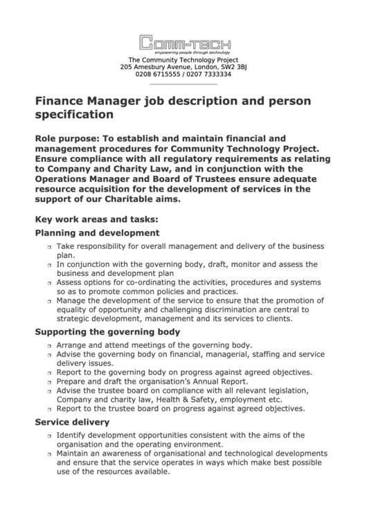 Finance Manager Job Description And Person Specification Printable pdf