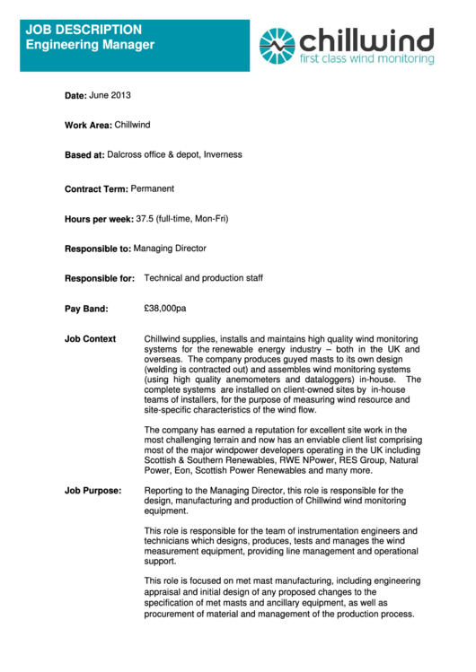 Engineering Manager Job Description Printable pdf